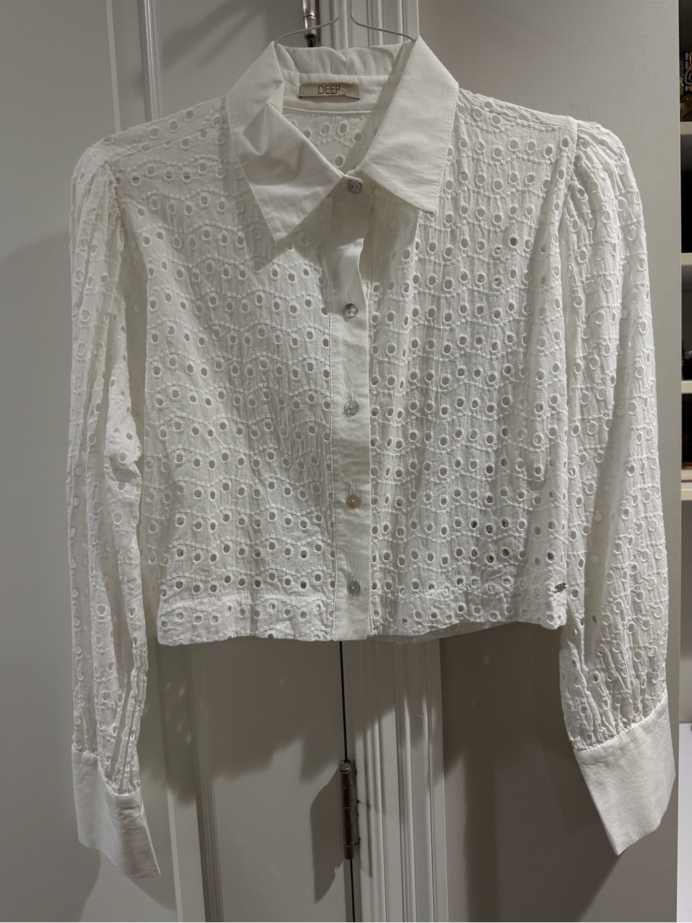 White Eyelet Button-Down Crop Shirt